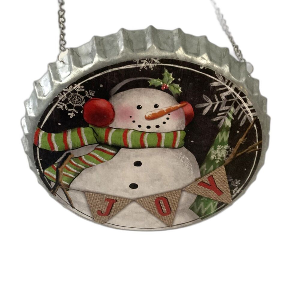 Rustic Metal Snowman "JOY" Bottle Cap Wall Hanging Plaque